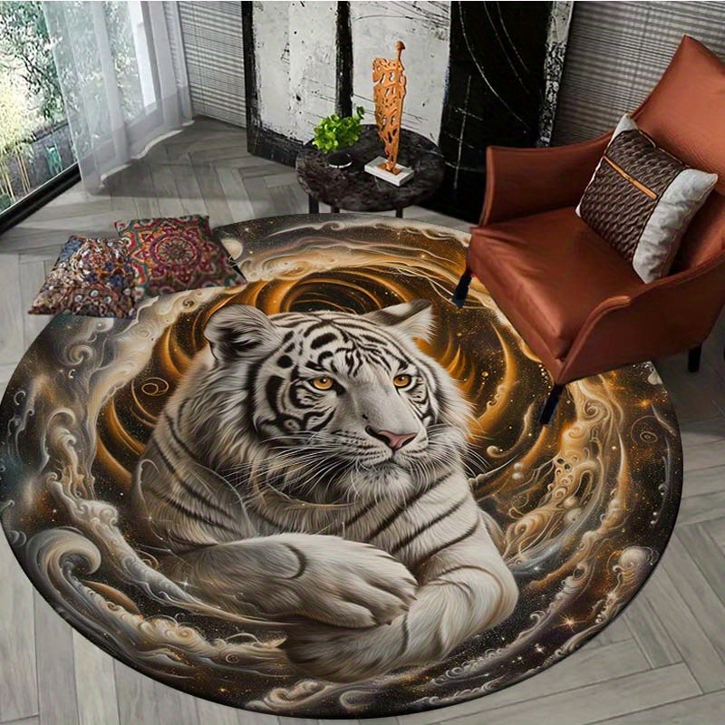 

800g/m2 Crystal Velvet Artistic Animal Elements Unique White Tiger Round Carpet Home Living Room Bedroom Door Mat Anti-slip Machine Washable Carpet