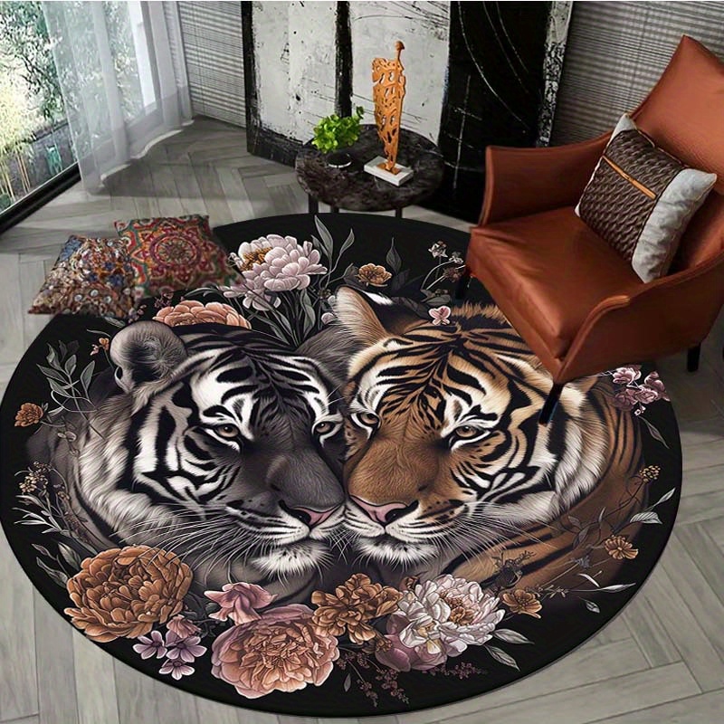 

800g/m2 Crystal Velvet Artistic Animal Elements Unique Tiger Round Carpet Home Living Room Bedroom Door Mat Anti-slip Machine Washable Carpet