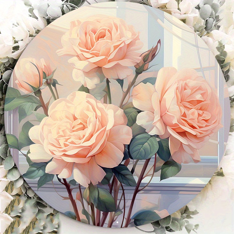 

1pc 8x8in Aluminum Metal Sign, Welcome Peach Roses Sign, Round Sign, Round Wreath Sign, Vintage Style Sign Gift For Lover