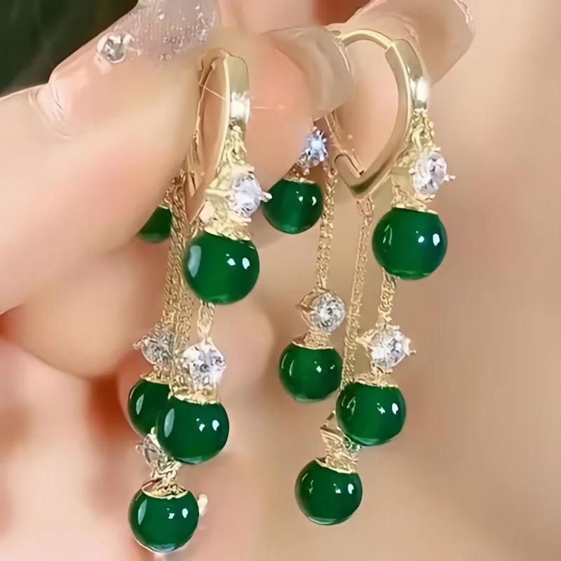 

Elegant Dangle Earrings Dainty Tassel Design Inlaid Green Stone Match Daily Outfits Party Accessories Wedding Jewelry
