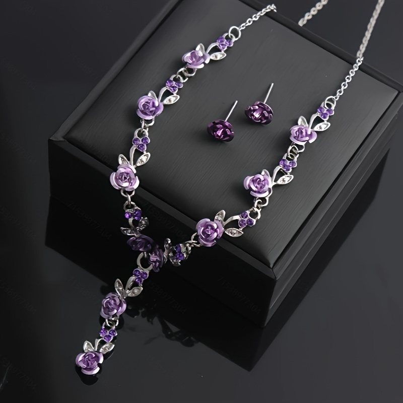 trendy rose flower alloy necklace set bride jewelry set Temu Bahrain