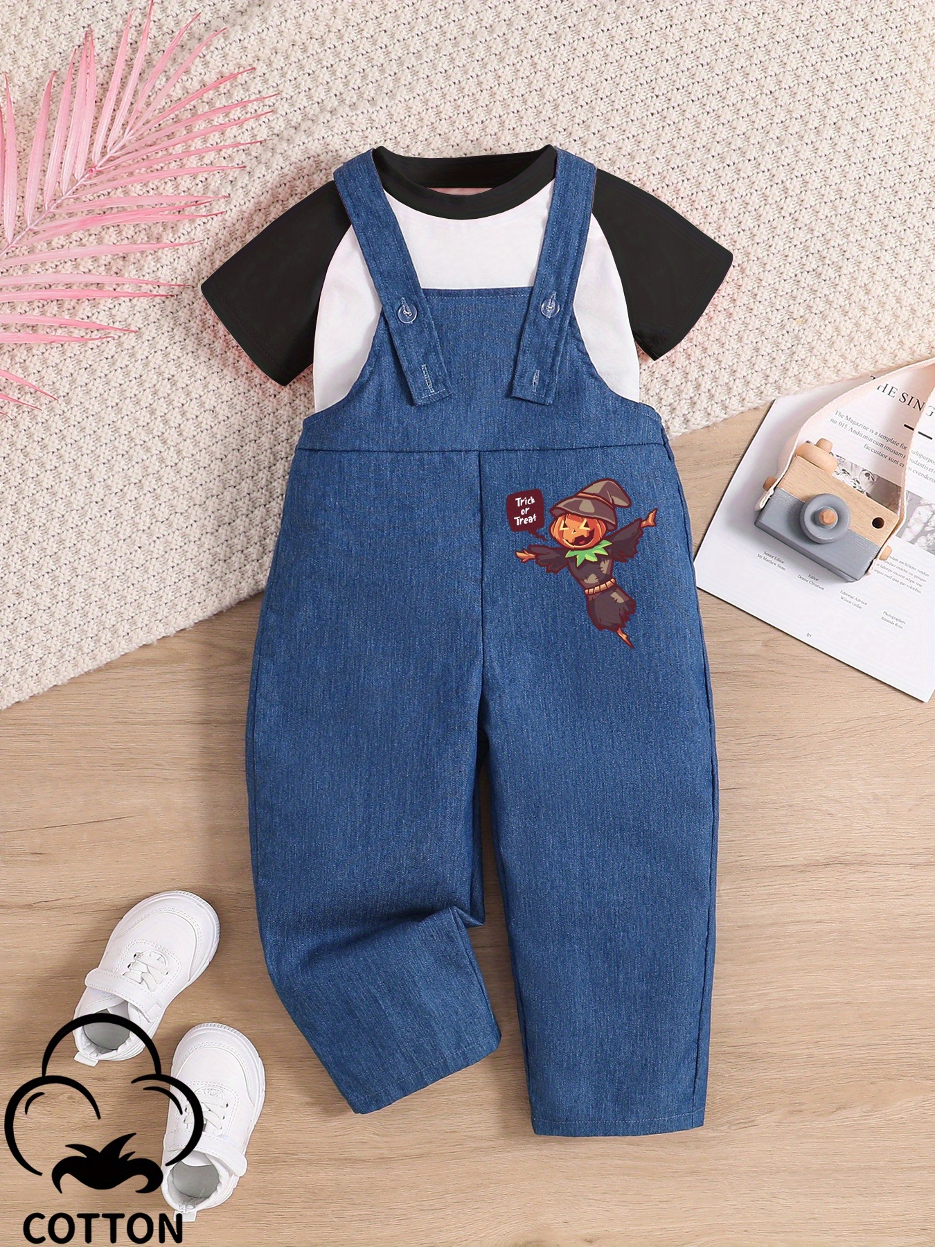 2pcs Baby Boy/Girl 95% Cotton Denim Overalls Shorts and Solid Short-sleeve Tee Set
