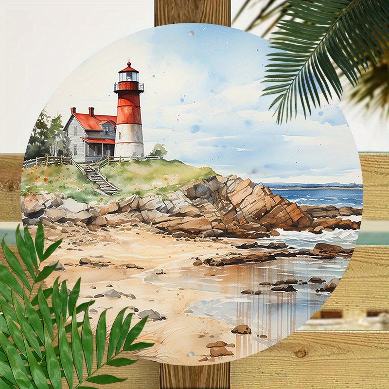 

1pc 8x8inch (20x20cm) Round Aluminum Sign Metal Sign Summer Bliss Lighthouse Vintage Art Sign For Home Office Room Wall Decor Gift