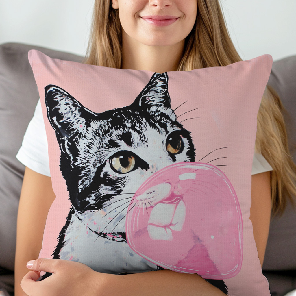 

1pc, A Cat Blowing Bubble Gum Pattern Printed Pillowcases, Cushions, Pillowcases, Suitable For Sofa Beds, Car Living Rooms, Home Decoration Room Decoration, No Pillow Core, 17.7 * 17.7 In