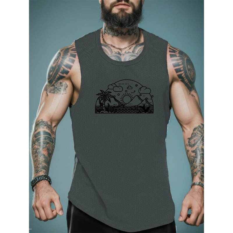 

Beach Coconut Tree Pattern Print Summer Men's Breathable Tank Tops Quick Dying Sports Sleeveless Vests For Workout Running Jogging Training Men's Clothing