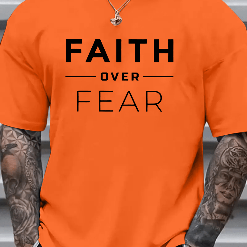 

Men' Casual Crew Neck T-shirt, 100% Polyester Knit Fabric, Loose Fit With "faith Over Fear" Print, , Plus Size