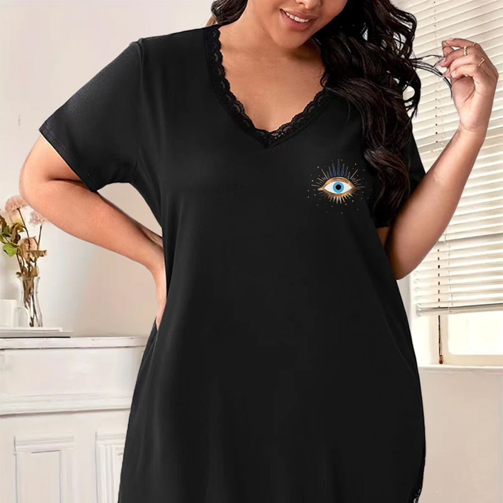 

Women's Casual Nightdress, Plus Size Eye Graphic Contrast Lace Trim Short Sleeve V Neck Sleep Dress