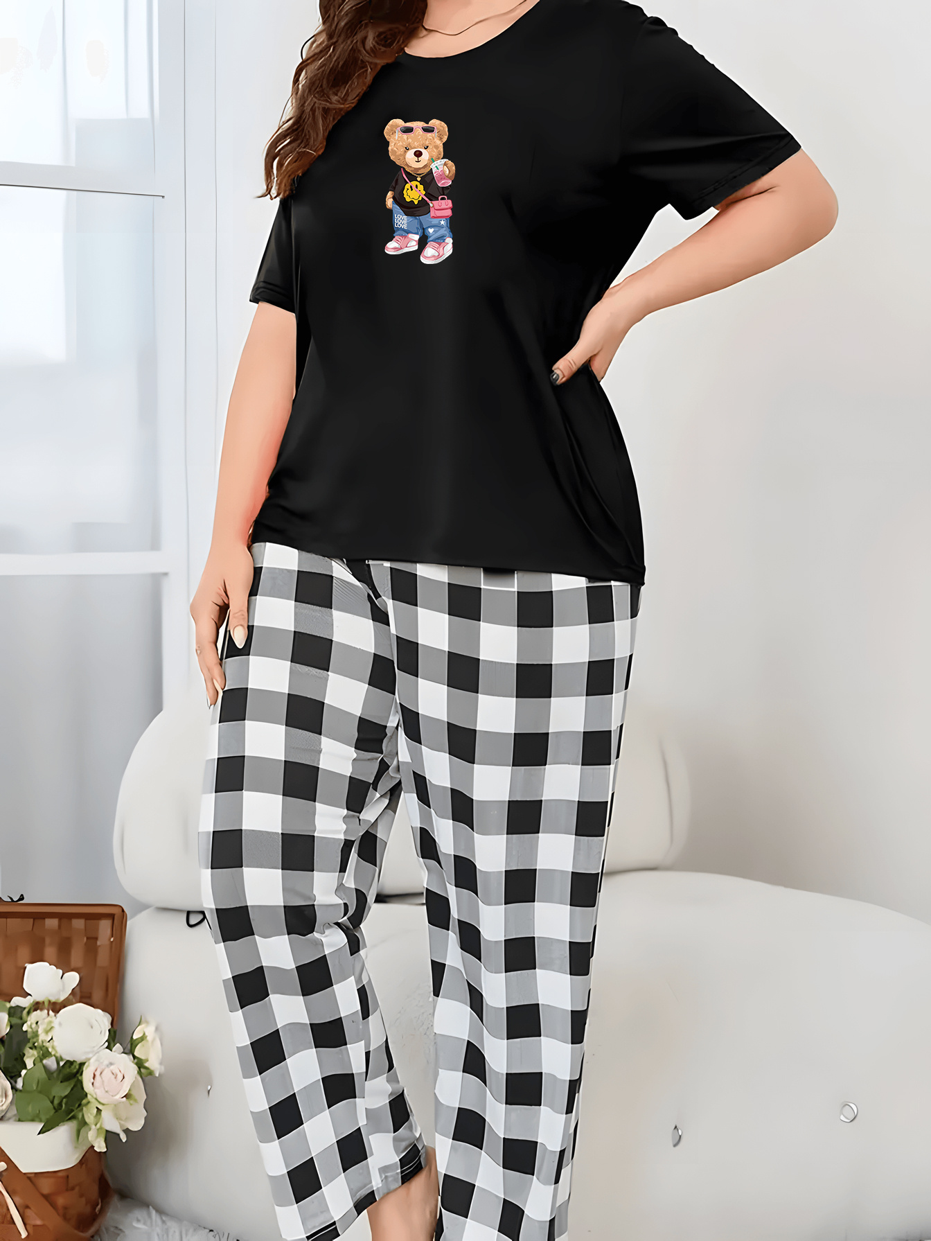 Cute Pajamas Set, Women's Plus Solid Textured Teddy Bear Pattern Long  Sleeve Flannel Top & Joggers Loungewear Two Piece Set Plus Size
