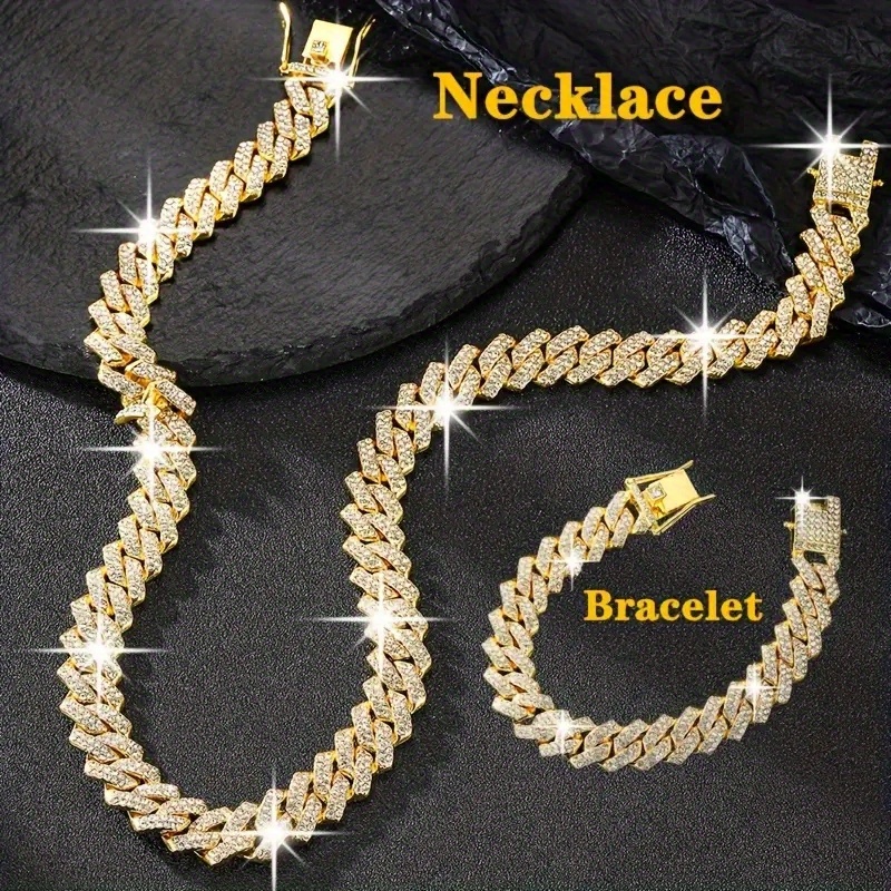 

1pc Full Rhinestone Cuban Chain Necklace, Hip Hop Jewelry For Men And Women