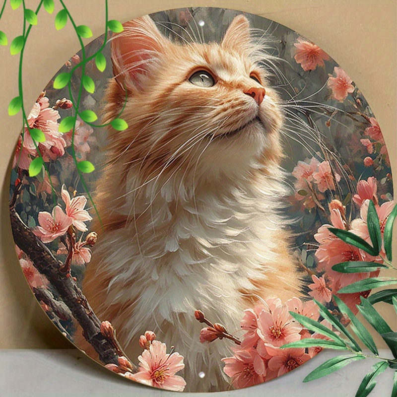 

1pc 8x8inch (20x20cm) Round Aluminum Sign Metal Sign Cat Wreath Sign For Cat Lovers Gifts For Office Cafes Club Store Restaurants Sign Gift