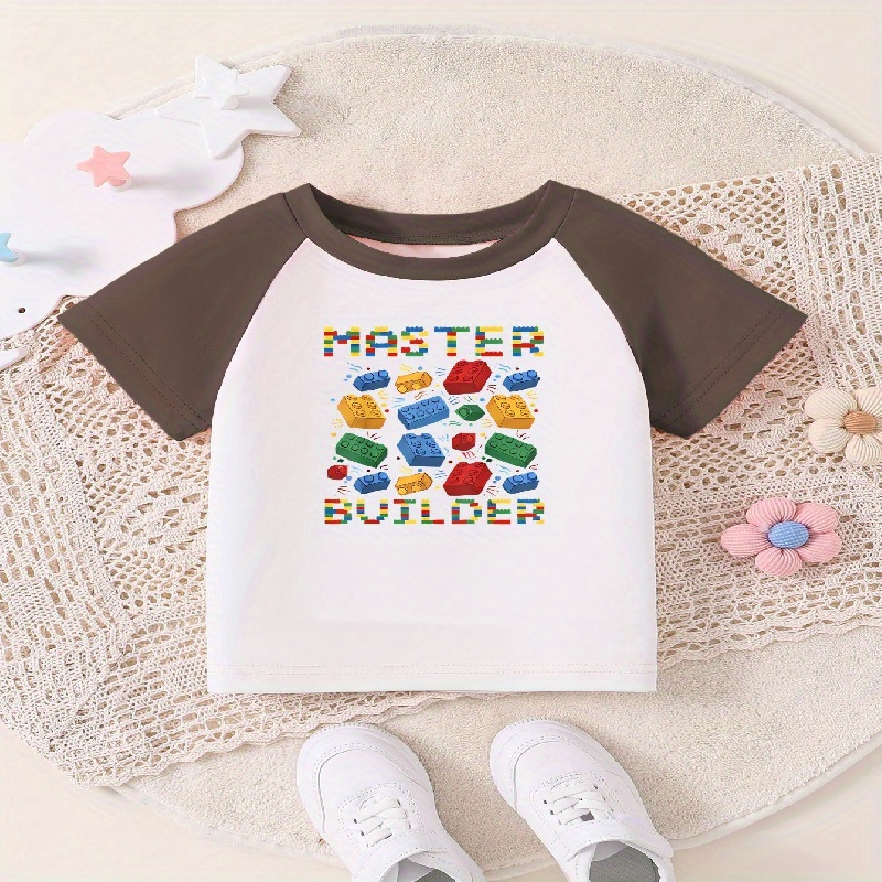 

Trendy Cartoon Building Blocks Pattern T-shirt, Casual Cotton Comfortable Short Sleeve Crew Neck Tees For Summer Holiday Boys Clothing