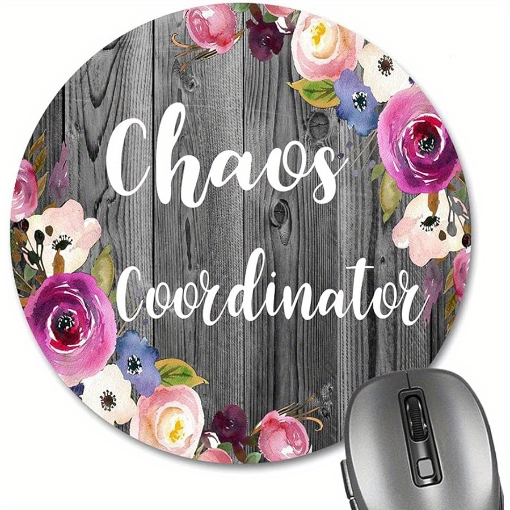 

Chaos Coordinator Quote Round Mouse Pad, Vintage Floral Rustic Dark Grey Wood Grain Circular Mouse Pads For Computers, Pink Purple Blue Flowers Mat For Office Decor