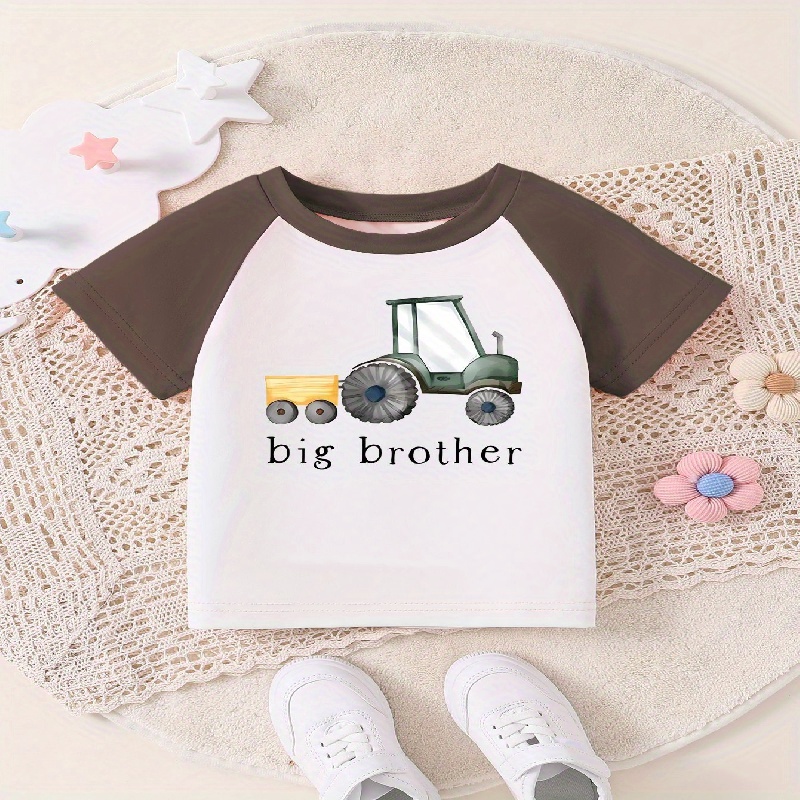 

Cartoon Tractor & Big Brother Print Short Sleeve T-shirt For Boys, Casual Tee Tops, Kids Clothes For Summer