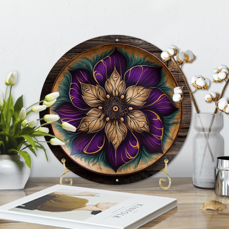 

1pc 8x8inch Aluminum Metal Sign A Round Plate With A Purple And Gold Mardi Gras Flower (2)for Home Decor, Wall Decor, Metal Wreath Sign, Door Decor