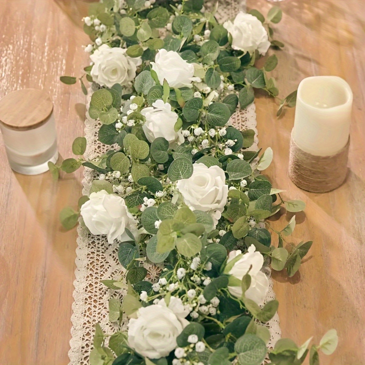 

1pc, Artificial Eucalyptus Garland With Fake Roses & Gypsophila, Faux Floral Greenery For Wedding, Party, Home, Table Runner, Wall Decor, Room Accent, Craft Art – Plastic Material