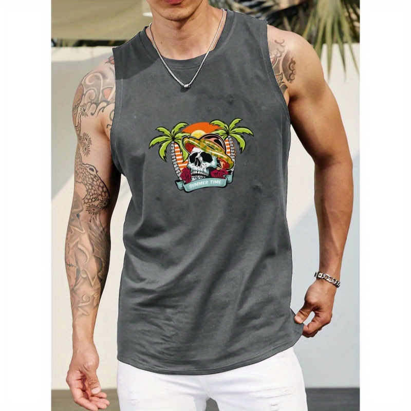 

Plus Size 'vocation Skeleton' Print Men's Casual Tank Top, Loose Fit Sleeveless Sports T-shirt For Summer Outdoor