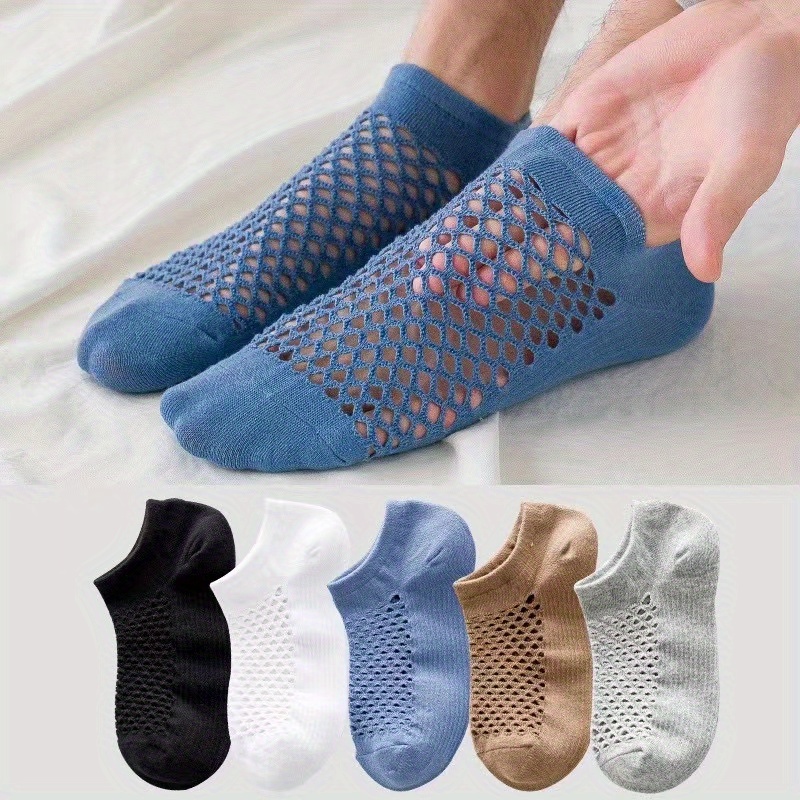 

5 Pairs Of Men's Simple Solid Liner Anklets Socks, Mesh Comfy Breathable Soft Sweat Absorbent Socks For Men's Outdoor Summer Wearing