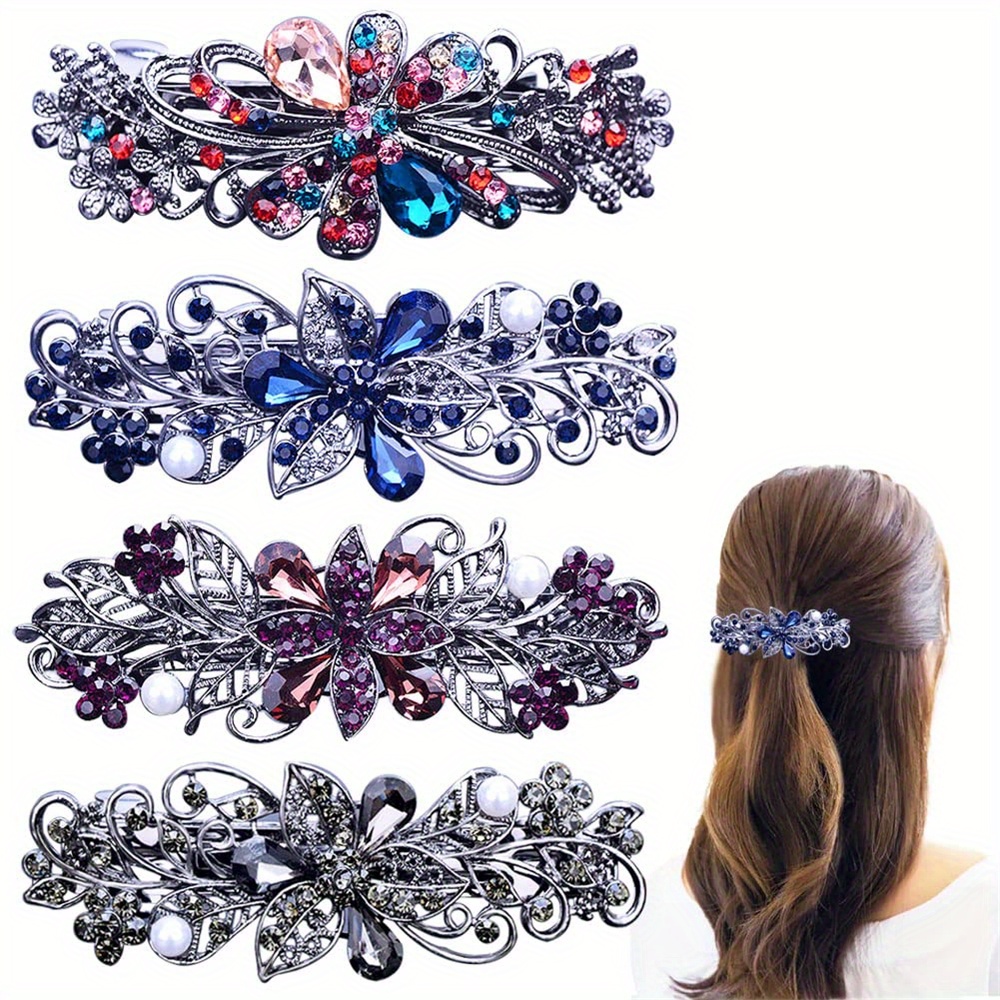 

4pcs Elegant Floral Crystal & Pearl Hair Barrettes For Women - Vibrant Clips, Fashionable Ponytail Holders, Ideal Day Gift