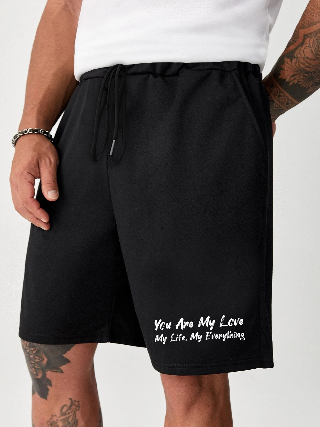 I Love My Girlfriend Casual Slightly Stretch Graphic Drawstring Shorts,  Men's Clothes For Summer