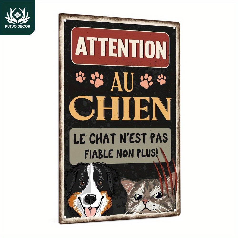 

Un panneau en métal vintage français, Méfiez-vous du chien, le chat n'est pas fiable , Décoration murale pour , la ferme, d'entrée, le porche et , 7,8 x 11,8 pouces