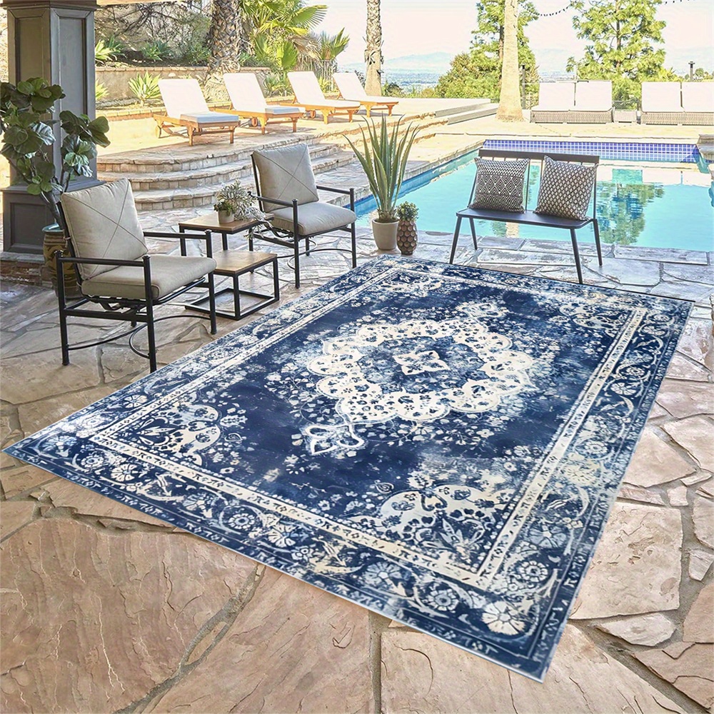 

Luxurious Cashmere Persian-inspired Blue Area Rug - 1200gsm, Non-slip Backing, Easy Clean For Indoor & Outdoor Use, Living Room, Garden, And Poolside Decor