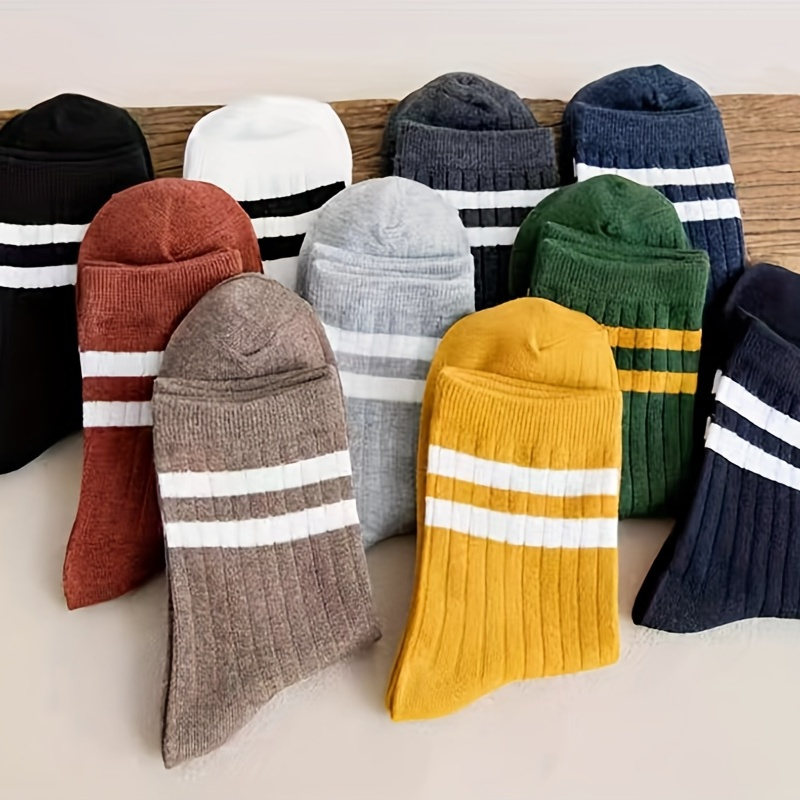 

10 Pairs Of Men's Trendy Striped Crew Socks, Breathable Cotton Comfy Casual Unisex Socks For Men's Outdoor Wearing All Seasons Wearing