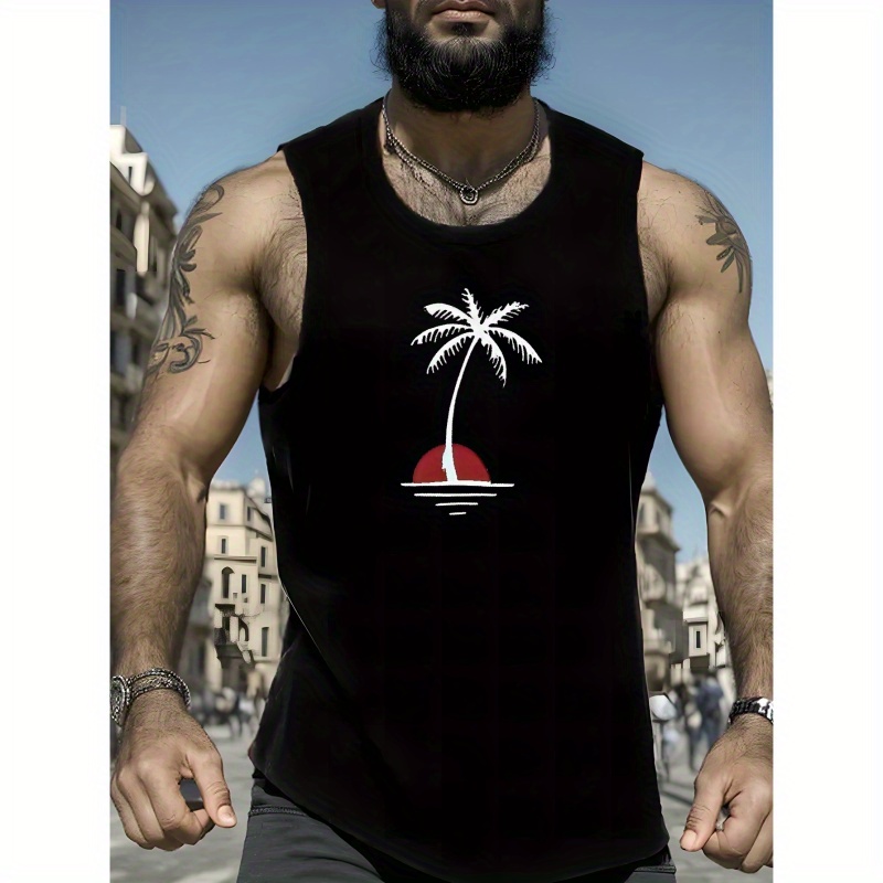 

Beach Sunset Coconut Trees Print Summer Men's Quick Dry Moisture-wicking Breathable Tank Tops Athletic Gym Bodybuilding Sports Sleeveless Shirts For Workout Running Training Men's Clothing