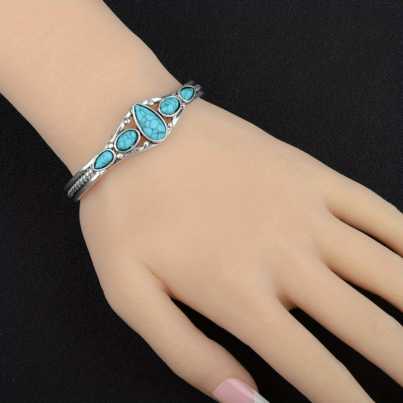 TEMU European, American Bohemian Style Retro Turquoise Adjustable Opening Bracelet, Carved Hollow Geometric Pattern