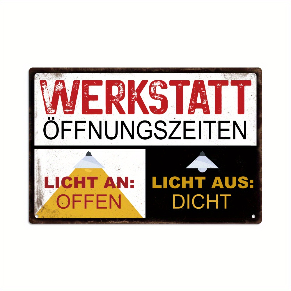 Image of Vintage German Workshop Hours Metal Sign - 'on: Open, Off: Closed' Wall Art For Home, Bar, For Man Cave Decor - Retro Style, , 7.8x11.8 Inches