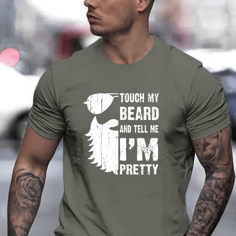 

Touch My Beard... Print T Shirt, Tees For Men, Casual Short Sleeve T-shirt For Summer