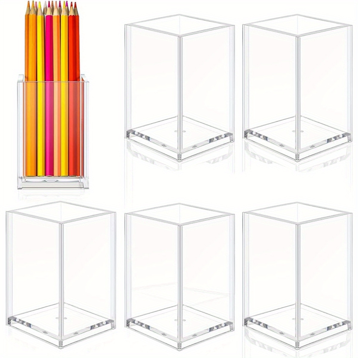 Image of 6pcs Clear Acrylic Pen Holder Makeup Brush Holder Desktop Holder Desk Goth Accessories Organizer, Transparent Pencil Holder Acrylic For Home Office School