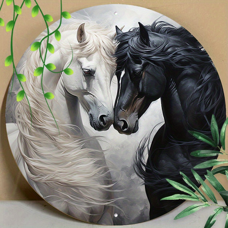 

1pc 8x8inch (20x20cm) Round Aluminum Sign Metal Sign Black And White Style Horse Vintage Art Sign For Office Cafes Room Home Wall Decor Gift