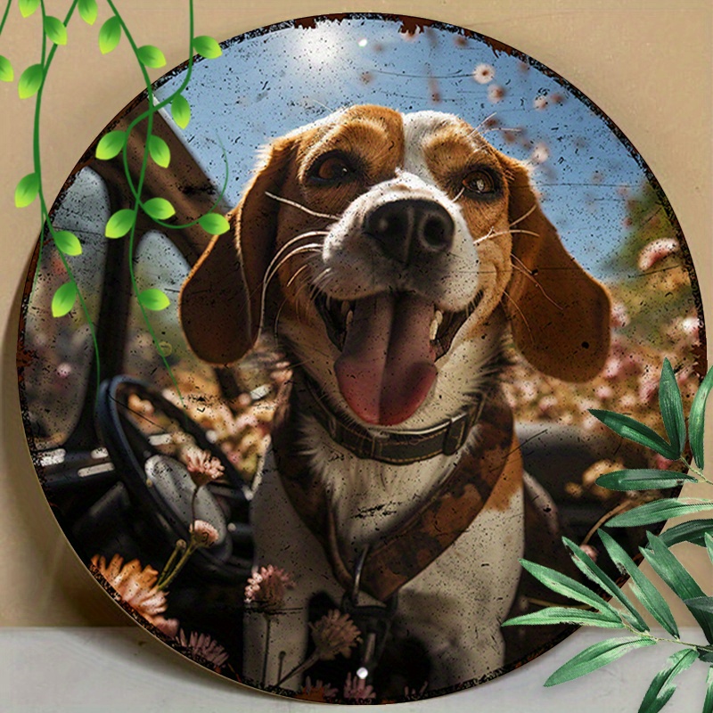 

1pc 8x8inch (20x20cm) Round Aluminum Sign Metal Sign Funny Dog Pattern Sign Metal Wall Sign Beagle Summer Outdoor For Restaurant Decor, Garden Decor