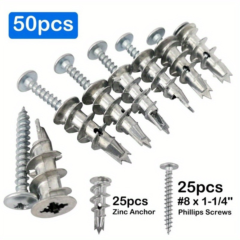 

50pcs/set, Zinc Self-drilling Drywall Anchors With Screws Kit, Including 25pcs Heavy Duty Metal Wall Anchors And 25pcs #8 X 1-1/4'' Screws