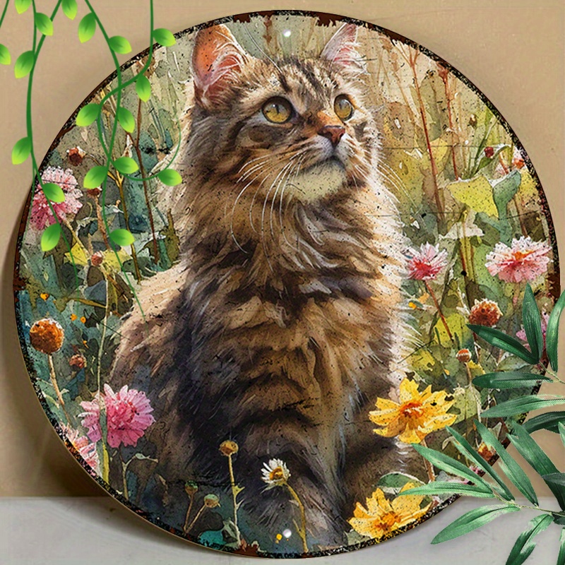 

1pc 8x8inch (20x20cm) Round Aluminum Sign Metal Sign Funny Metal Wall Sign Maine Cat Summer Outdoor For Home Decor, Garden Decor