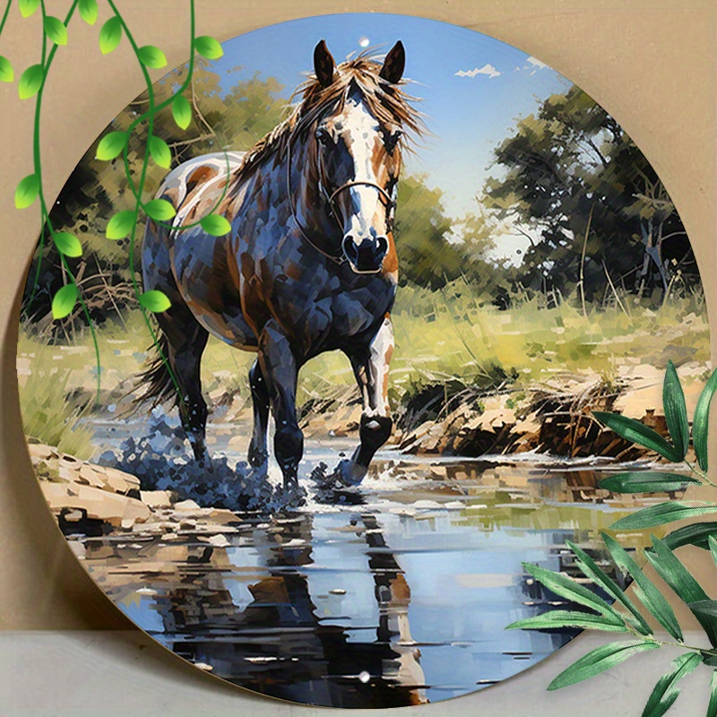 

1pc 8x8inch (20x20cm) Round Aluminum Sign Metal Sign Horse Grassland Signs Art, Interior Wall Hanging Decor, Indoor Outdoor Door Way