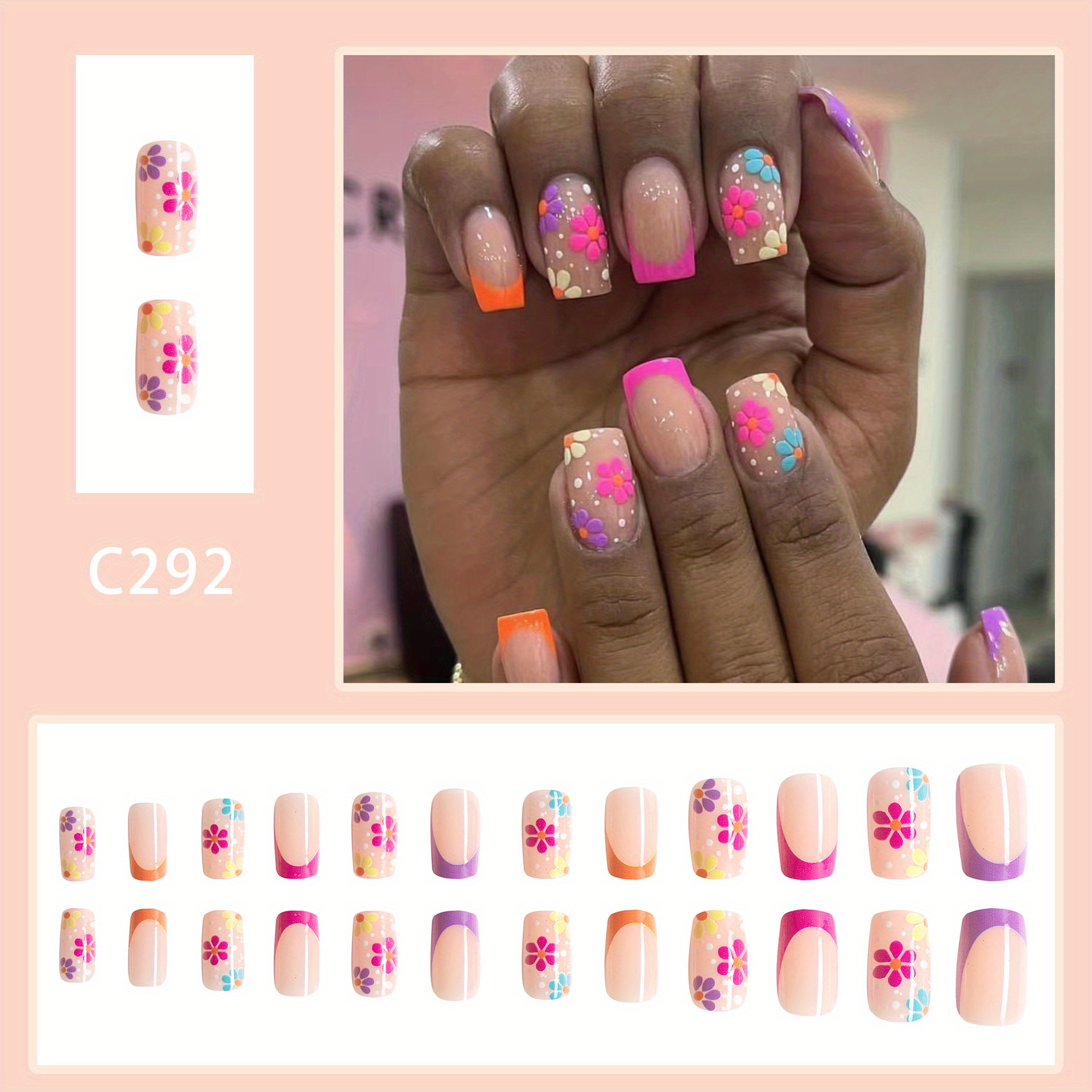 24pcs set glossy short square fake nails orange hot pinkish french tip press on nails with colorful flower design cute false nails for women girls daily wear for easter details 1