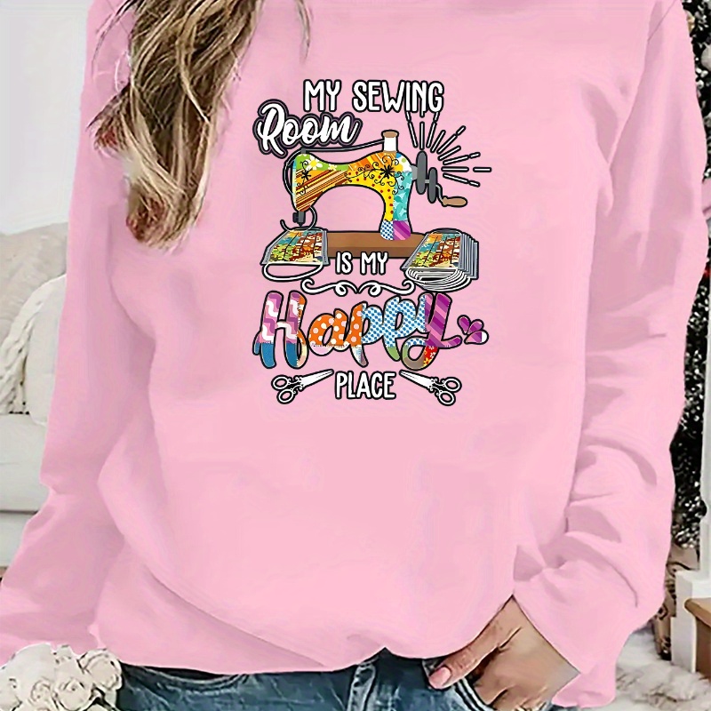 

Sewing Machine Graphic Round Neck Casual Sweatshirt, Long Sleeves Pullover Sports Top, Women's Activewear