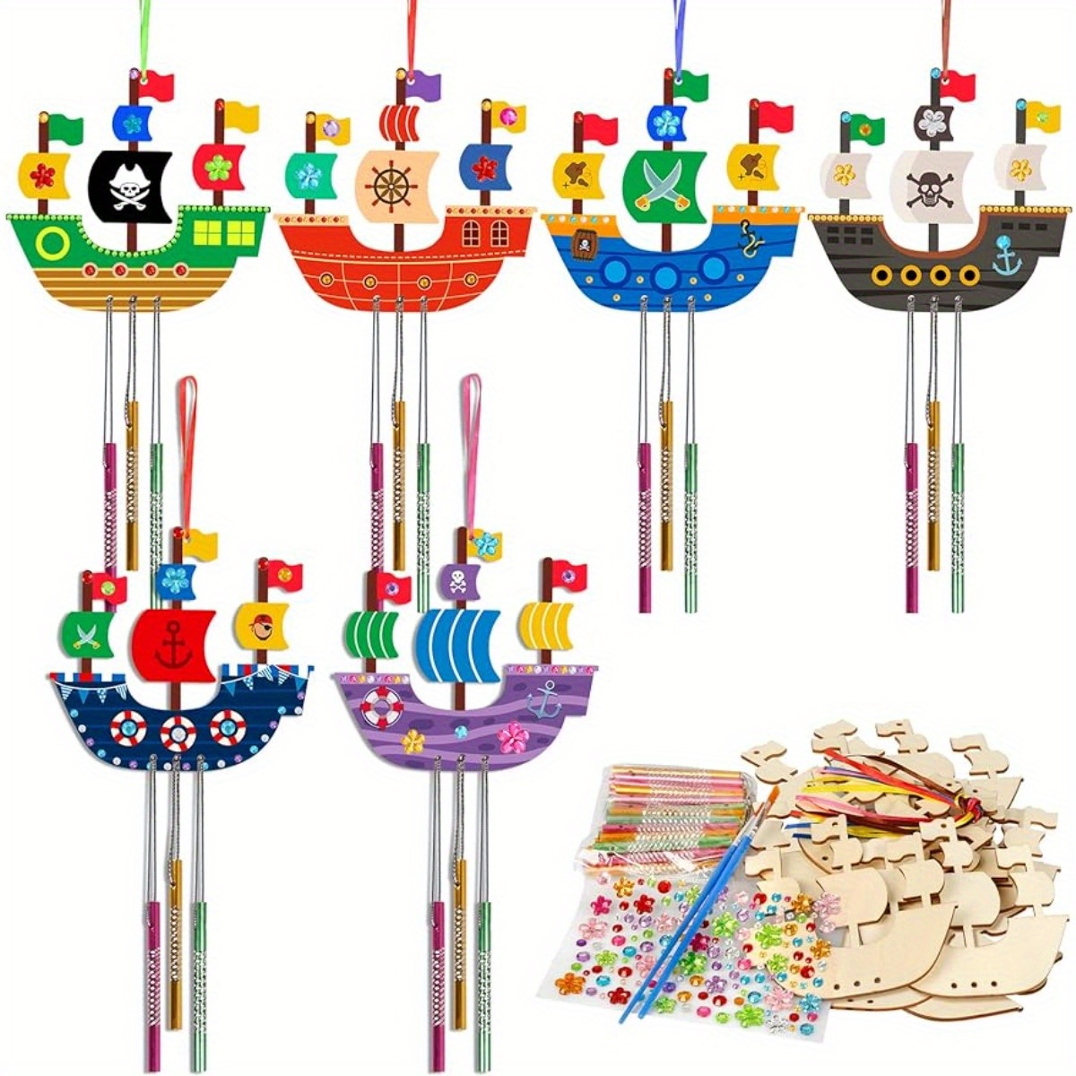 

10pcs, Wind Chime Kit For Make Your Own Pirate Ship Wind Chime Wooden Arts And Crafts Ornaments Diy Coloring Ship For Art Activity Birthday Christmas Party Decoration