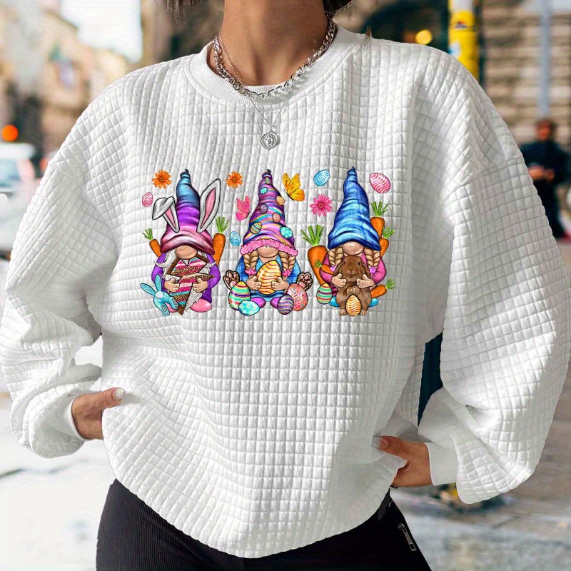 

Easter Graphic Print Waffle Sweatshirt, Casual Long Sleeve Crew Neck Sweatshirt, Women's Clothing