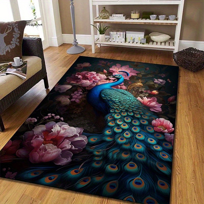 

1pc 800g/m2 Crystal Fleece Peacock Pattern Rug Anti-wrinkle, Non-slip Decorative Soft Rug To Decorate Your Living Room Bedroom Kitchen Bathroom Hiking Floor Mat Machine Washable Rug