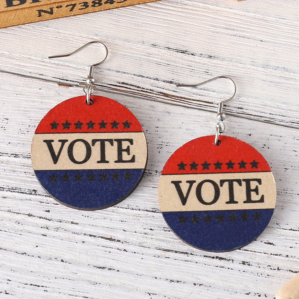 1 pair   white and blue striped star american flags 2024     round pendant earrings for women with wooden double sided earrings 2