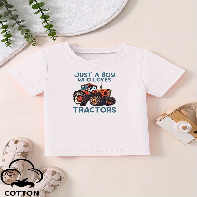 

Unisex Cartoon Tractor Print Cotton Tee, Casual Comfy Tee Tops, Cute Tee For Boys/girls, Kids Summer Clothing