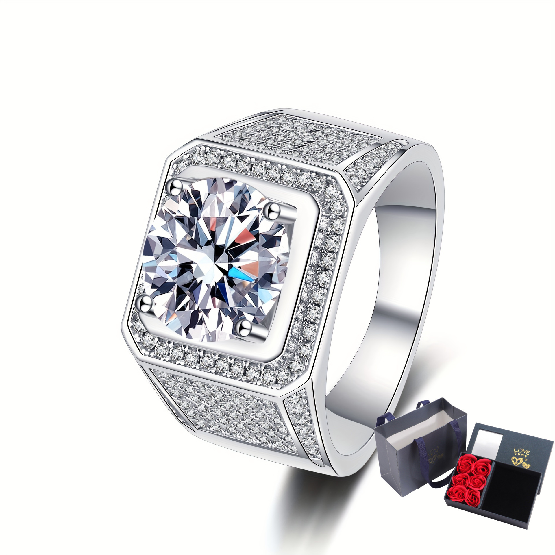 

1pc Bague en Argent Sterling S925 pour Homme, 1/2/5ct Moissanite, Avec Boîte Cadeau Saint-Valentin