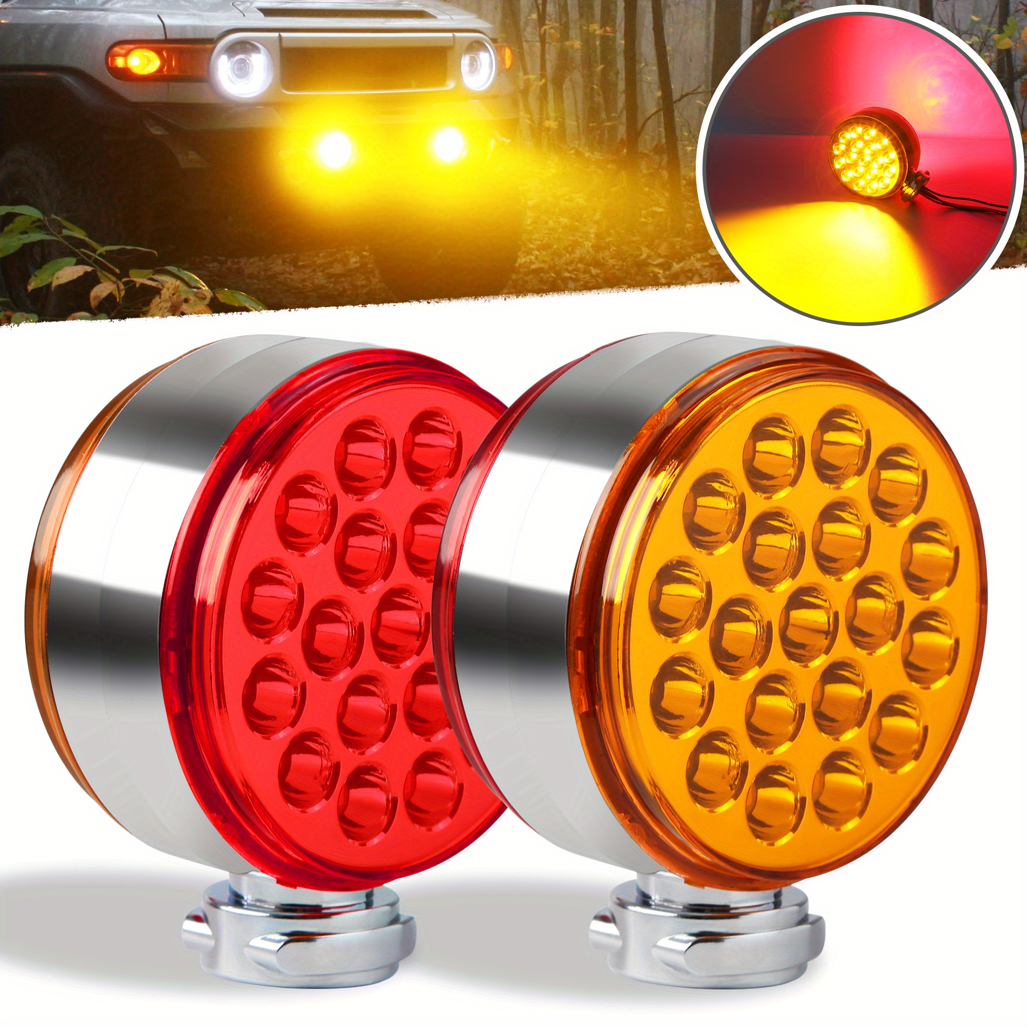 TEMU Set Of Truck Pedestal Lights, Including 2 4-inch Round Double-sided Led Turn Signal Lights With 38 Leds And 2 3-inch Round Double-sided Led Lights, Without Battery