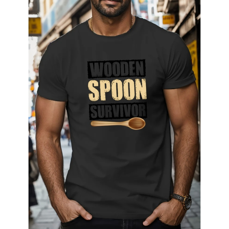 

Wooden Spoon Survivor Print Tees For Men, Casual Crew Neck Short Sleeve T-shirt, Comfortable Breathable T-shirt For All Seasons