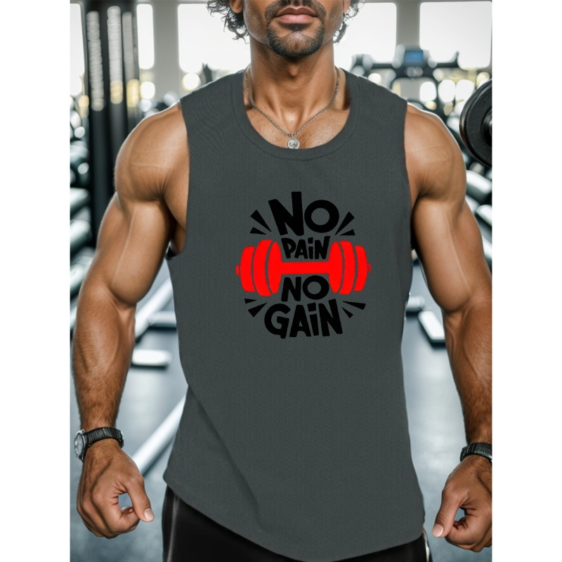 

No Pain No Gain Letter Creative Graphic Print Men's Casual Active Sleeveless Tank Top, Crew Neck Fitness Training Sports Vest For Summer