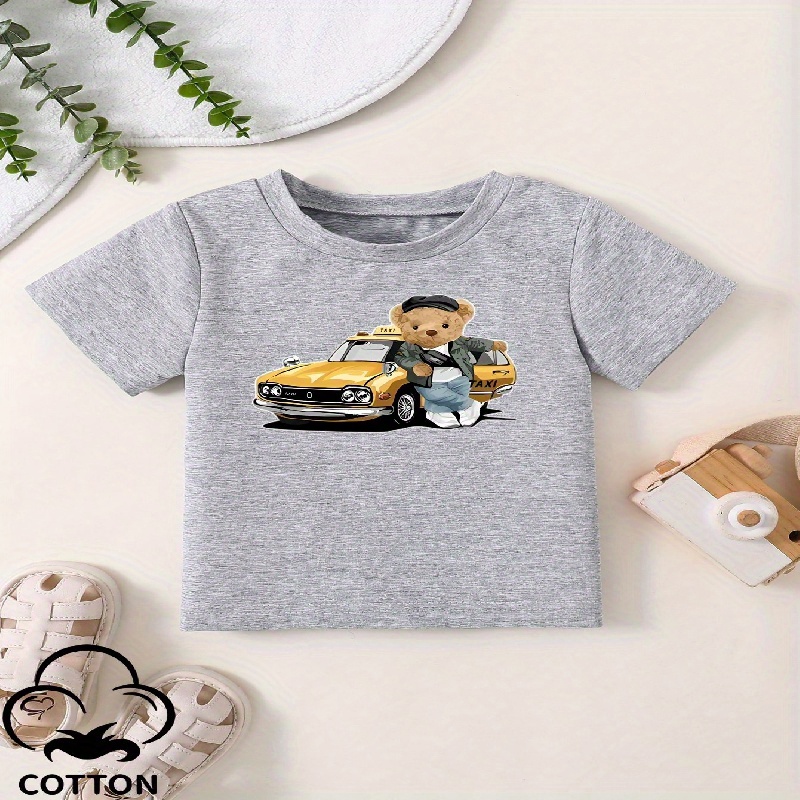 

Boys Comfy Teddy Bear And Car Print Crew Neck Short Sleeve T-shirt, Casual Pullover Tees For Outdoor Gift Summer