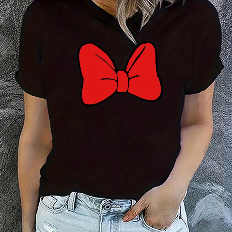 

Cute Red Bow Print Workout T-shirt, Short Sleeve Crew Neck Casual Sports Tee, Women's Clothing