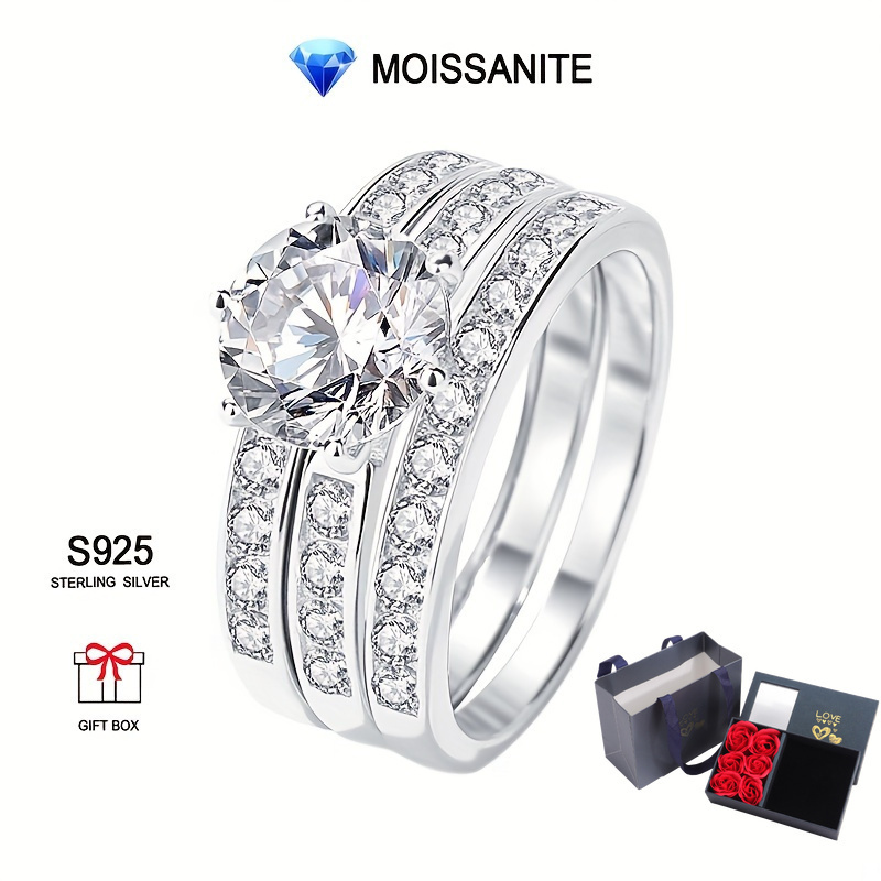 

925 Sterling Silver Moissanite Bridal Set - 3pcs Stackable Rings, 2 Carat Solitaire Engagement & Wedding Band For Women, 18k Gold Plated Combination, Creative Personality Fashion Jewelry With Gift Box